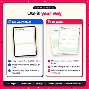 Use the Women's Fiction Writing Planner on your tablet as a hyperlinked digital planner, or print the US Letter printable edition