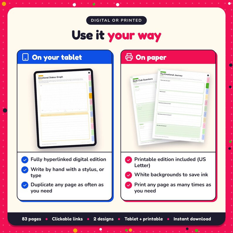 Use the Women's Fiction Writing Planner on your tablet as a hyperlinked digital planner, or print the US Letter printable edition