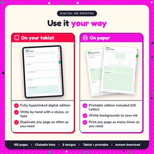 Use the Romantasy Writing Planner on your tablet as a hyperlinked digital planner, or print the US Letter printable edition