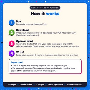 How it works: buy, download the PDF files from Etsy, open in your note-taking app or print. Digital file for personal use, nothing is shipped