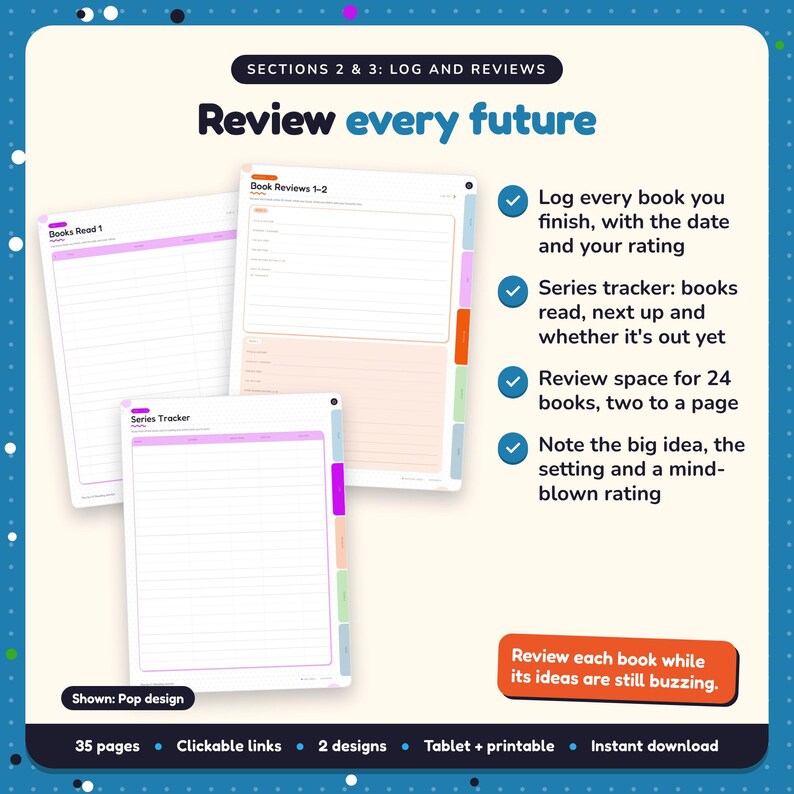 Review every future: Sci-Fi Reading Journal pages. Log every book you finish, with the date and your rating; Series tracker: books read, next up and whether it's out yet; Review space for 24 books, two to a page