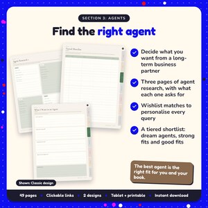 Find the right agent: Traditional Publishing Planner pages. Decide what you want from a long-term business partner; Three pages of agent research, with what each one asks for; Wishlist matches to personalise every query