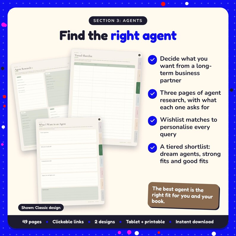 Find the right agent: Traditional Publishing Planner pages. Decide what you want from a long-term business partner; Three pages of agent research, with what each one asks for; Wishlist matches to personalise every query