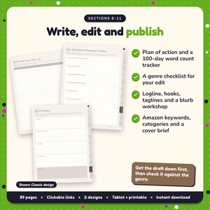 Write, edit and publish: Post-Apocalyptic & Dystopian Writing Planner pages. Plan of action and a 100-day word count tracker; A genre checklist for your edit; Logline, hooks, taglines and a blurb workshop