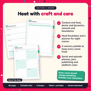 Heat with craft and care: Erotica Writing Planner pages. Content and heat, desire and dynamics, consent and boundaries; Heat Escalation and a planner for eight scenes; A sensory palette to keep every scene fresh