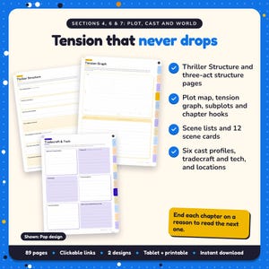 Tension that never drops: Thriller Writing Planner pages. Thriller Structure and three-act structure pages; Plot map, tension graph, subplots and chapter hooks; Scene lists and 12 scene cards
