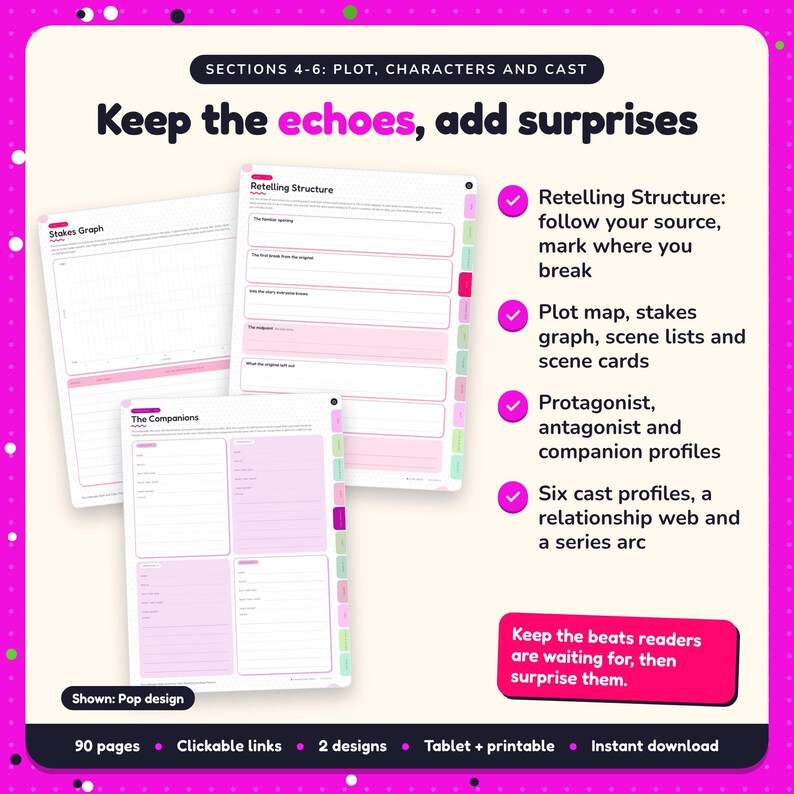 Keep the echoes, add surprises: Myth & Fairy-Tale Retelling Writing Planner pages. Retelling Structure: follow your source, mark where you break; Plot map, stakes graph, scene lists and scene cards; Protagonist, antagonist and companion profiles
