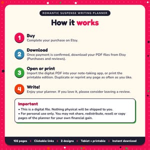 How it works: buy, download the PDF files from Etsy, open in your note-taking app or print. Digital file for personal use, nothing is shipped