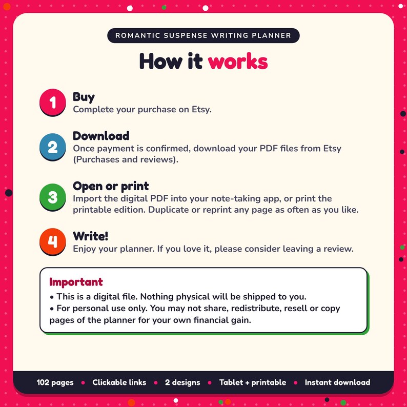 How it works: buy, download the PDF files from Etsy, open in your note-taking app or print. Digital file for personal use, nothing is shipped