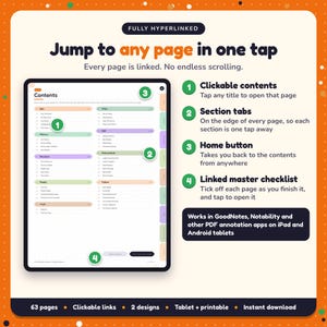 Hyperlinked contents page of the Memoir Writing Planner, with clickable contents, section tabs, home button and linked master checklist for GoodNotes and Notability