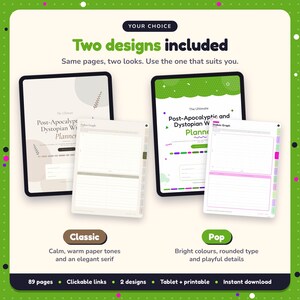 Two designs included with the Post-Apocalyptic & Dystopian Writing Planner: Classic and Pop