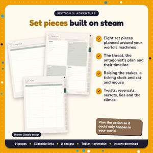Set pieces built on steam: Steampunk Writing Planner pages. Eight set pieces planned around your world's machines; The threat, the antagonist's plan and their timeline; Raising the stakes, a ticking clock and cat and mouse