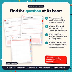 Find the question at its heart: Literary Fiction Writing Planner pages. The question the book asks, and the scenes that test it; Interior life: what your protagonist thinks but never says; Track motifs and images and how their meaning shifts