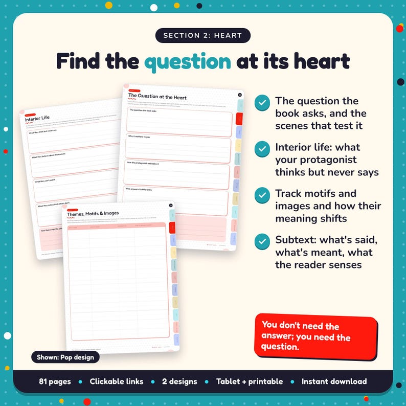 Find the question at its heart: Literary Fiction Writing Planner pages. The question the book asks, and the scenes that test it; Interior life: what your protagonist thinks but never says; Track motifs and images and how their meaning shifts