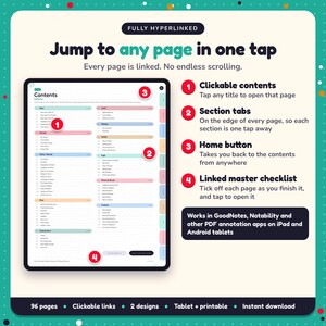 Hyperlinked contents page of the Portal Fantasy Writing Planner, with clickable contents, section tabs, home button and linked master checklist for GoodNotes and Notability