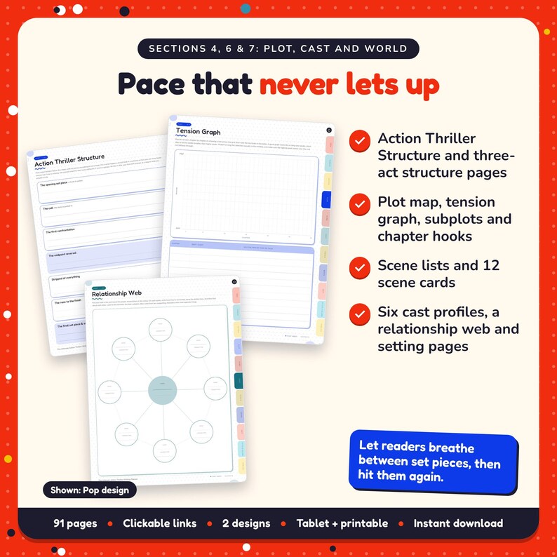 Pace that never lets up: Action Thriller Writing Planner pages. Action Thriller Structure and three-act structure pages; Plot map, tension graph, subplots and chapter hooks; Scene lists and 12 scene cards
