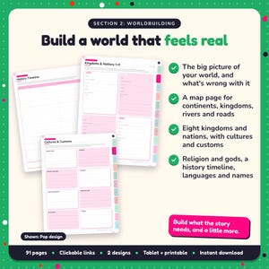 Build a world that feels real: Fantasy Writing Planner pages. The big picture of your world, and what's wrong with it; A map page for continents, kingdoms, rivers and roads; Eight kingdoms and nations, with cultures and customs