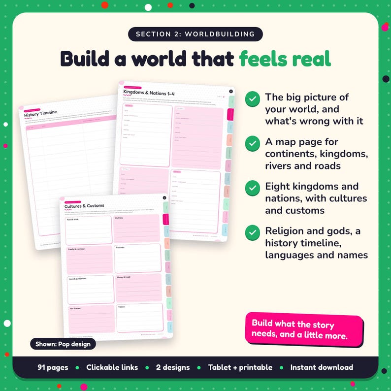 Build a world that feels real: Fantasy Writing Planner pages. The big picture of your world, and what's wrong with it; A map page for continents, kingdoms, rivers and roads; Eight kingdoms and nations, with cultures and customs