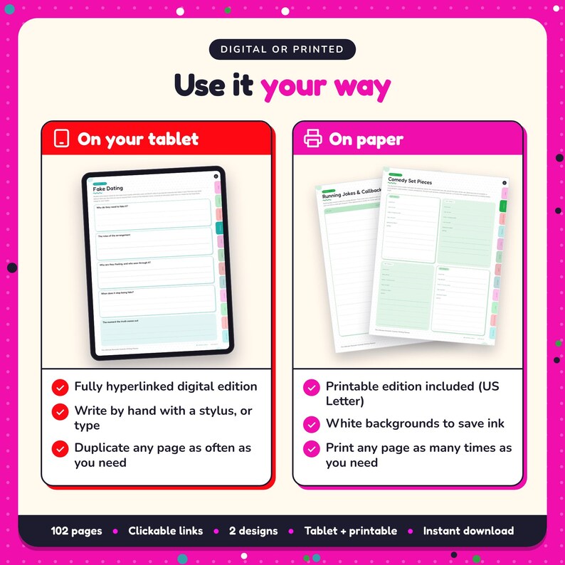 Use the Romantic Comedy Writing Planner on your tablet as a hyperlinked digital planner, or print the US Letter printable edition