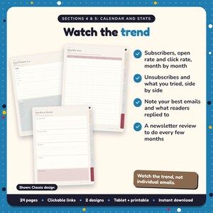 Watch the trend: Author Newsletter Planner pages. Subscribers, open rate and click rate, month by month; Unsubscribes and what you tried, side by side; Note your best emails and what readers replied to