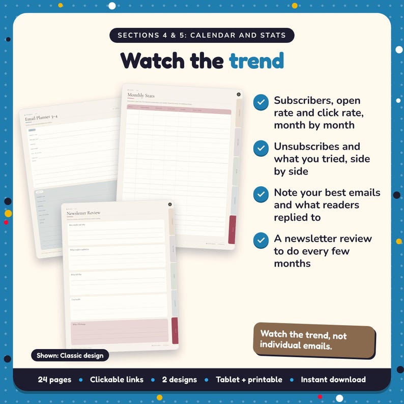 Watch the trend: Author Newsletter Planner pages. Subscribers, open rate and click rate, month by month; Unsubscribes and what you tried, side by side; Note your best emails and what readers replied to
