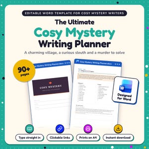 Puede incluir: Una plantilla de planificador de escritura digital editable para Microsoft Word con más de 90 páginas. El documento muestra texto que incluye The Ultimate Cosy Mystery Writing Planner, A charming village, a curious sleuth and a murder to solve, y Designed for Word.
