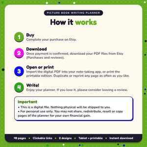 How it works: buy, download the PDF files from Etsy, open in your note-taking app or print. Digital file for personal use, nothing is shipped