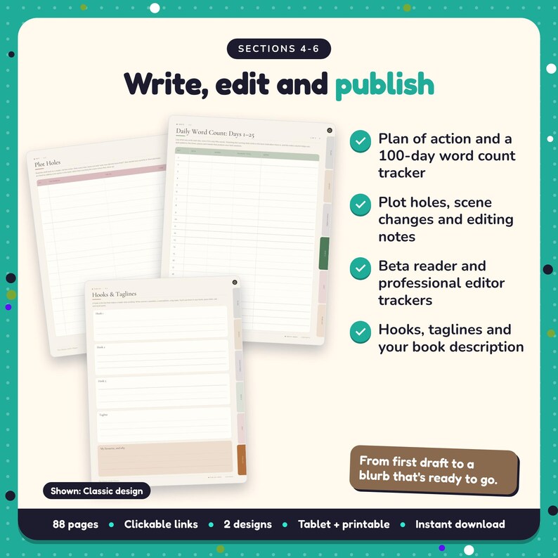 Write, edit and publish: Author Planner pages. Plan of action and a 100-day word count tracker; Plot holes, scene changes and editing notes; Beta reader and professional editor trackers