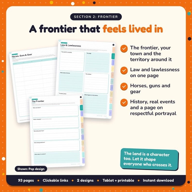 A frontier that feels lived in: Western Writing Planner pages. The frontier, your town and the territory around it; Law and lawlessness on one page; Horses, guns and gear