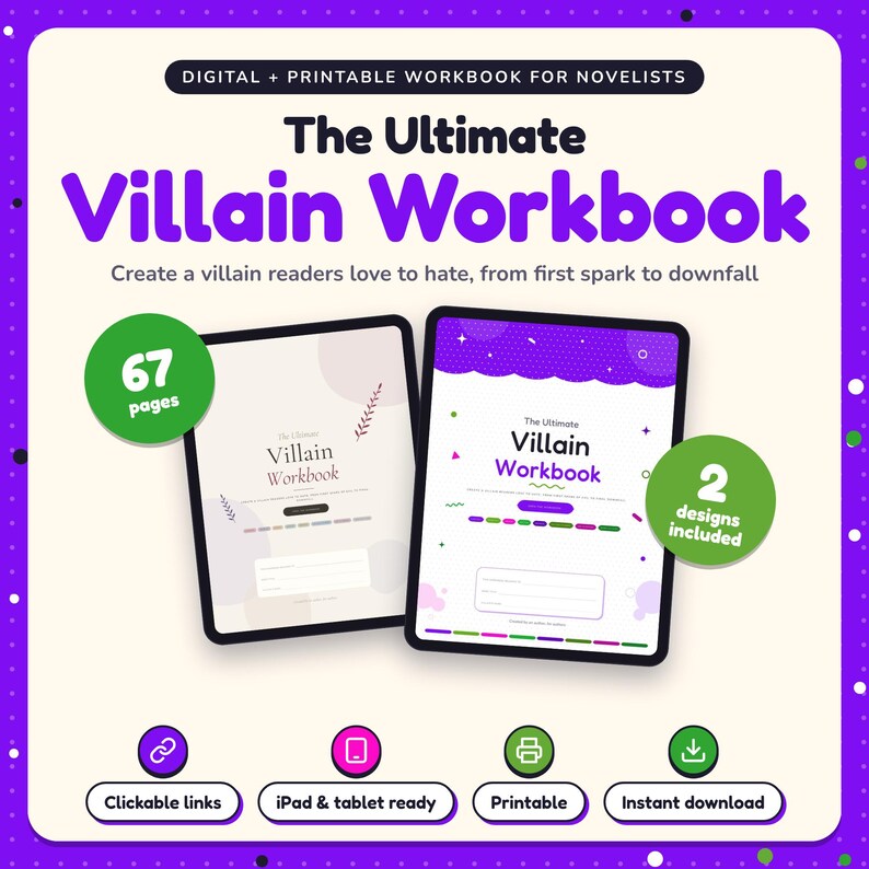 The Ultimate Villain Workbook shown on two tablets in Classic and Pop designs: 67 pages, clickable links, iPad and tablet ready, printable, instant download