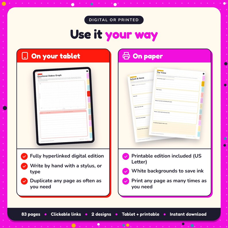 Use the Young Adult Writing Planner on your tablet as a hyperlinked digital planner, or print the US Letter printable edition