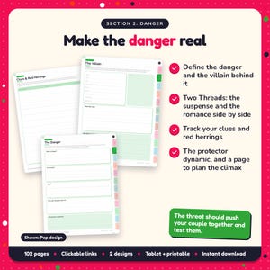 Make the danger real: Romantic Suspense Writing Planner pages. Define the danger and the villain behind it; Two Threads: the suspense and the romance side by side; Track your clues and red herrings