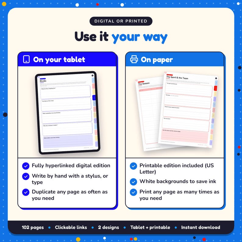 Use the Sports Romance Writing Planner on your tablet as a hyperlinked digital planner, or print the US Letter printable edition