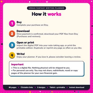 How it works: buy, download the PDF files from Etsy, open in your note-taking app or print. Digital file for personal use, nothing is shipped