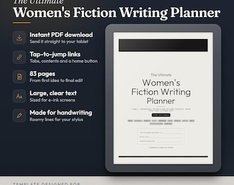 May include: A digital writing planner for e-ink tablets titled The Ultimate Women's Fiction Writing Planner. It features 83 pages, tap-to-jump links, and large text for handwriting. Designed for reMarkable and Kindle Scribe devices.