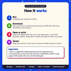 How it works: buy, download the PDF files from Etsy, open in your note-taking app or print. Digital file for personal use, nothing is shipped