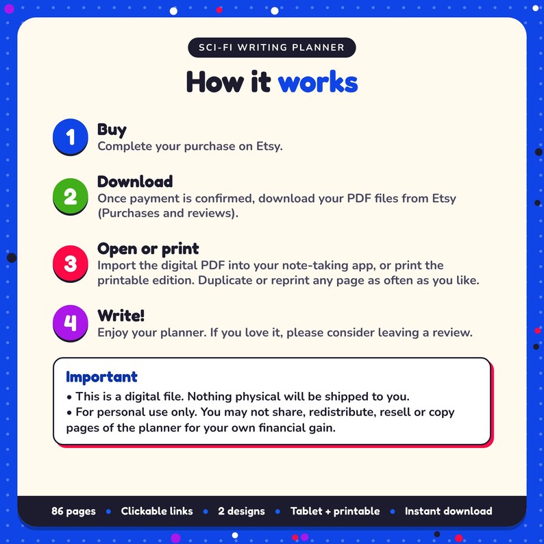 How it works: buy, download the PDF files from Etsy, open in your note-taking app or print. Digital file for personal use, nothing is shipped