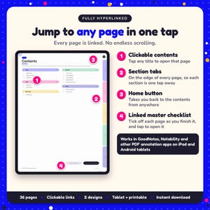 Hyperlinked contents page of the Thriller Reading Journal, with clickable contents, section tabs, home button and linked master checklist for GoodNotes and Notability