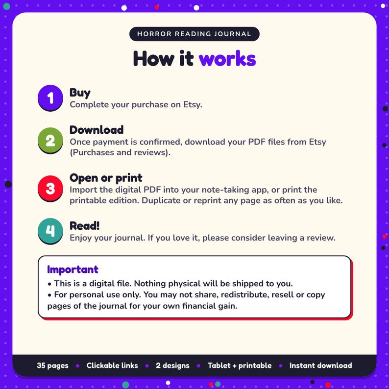 How it works: buy, download the PDF files from Etsy, open in your note-taking app or print. Digital file for personal use, nothing is shipped