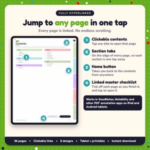 Hyperlinked contents page of the Fantasy Reading Journal, with clickable contents, section tabs, home button and linked master checklist for GoodNotes and Notability