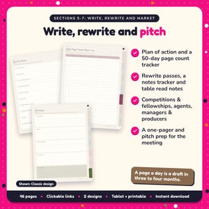 Write, rewrite and pitch: Screenwriting Planner pages. Plan of action and a 50-day page count tracker; Rewrite passes, a notes tracker and table read notes; Competitions & fellowships, agents, managers & producers
