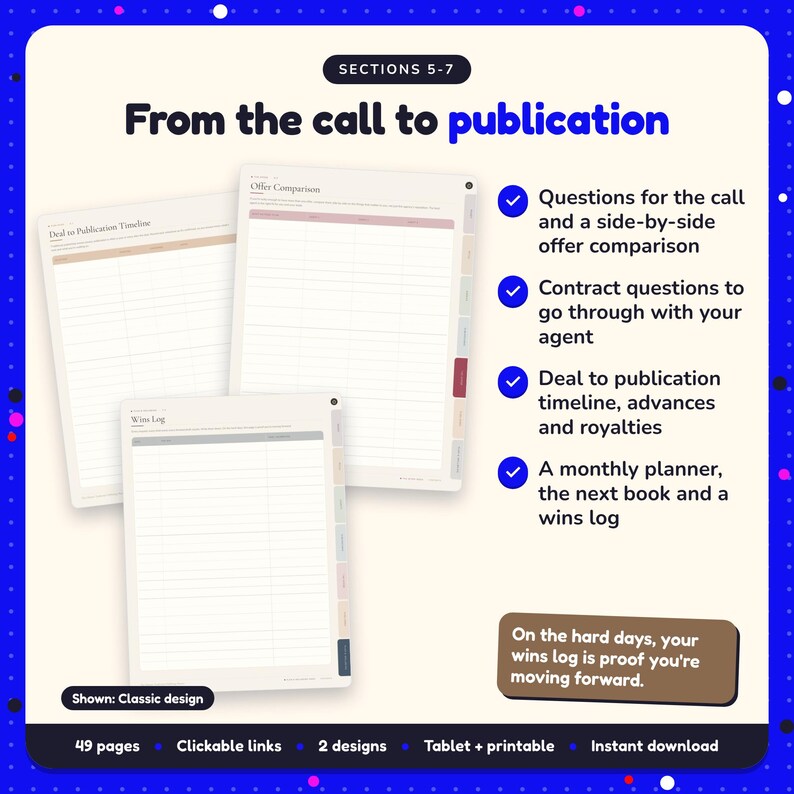 From the call to publication: Traditional Publishing Planner pages. Questions for the call and a side-by-side offer comparison; Contract questions to go through with your agent; Deal to publication timeline, advances and royalties