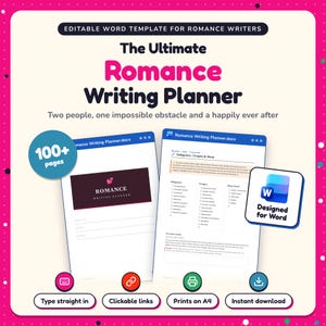 May include: An editable digital romance writing planner template for Microsoft Word. The document features a title page and a subgenre, tropes, and heat level worksheet. It includes 100+ pages, clickable links, and is designed for A4 printing.