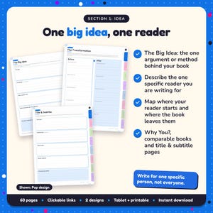 One big idea, one reader: Nonfiction Book Planner pages. The Big Idea: the one argument or method behind your book; Describe the one specific reader you are writing for; Map where your reader starts and where the book leaves them