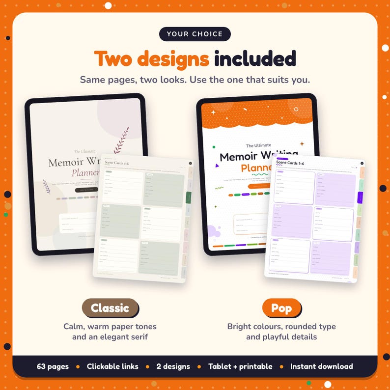 Two designs included with the Memoir Writing Planner: Classic and Pop
