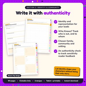 Write it with authenticity: LGBTQ+ Romance Writing Planner pages. Identity and representation for your leads; Who Knows? Track who is out, and to whom; Chosen family, community and setting
