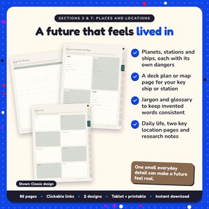 A future that feels lived in: Sci-Fi Writing Planner pages. Planets, stations and ships, each with its own dangers; A deck plan or map page for your key ship or station; Jargon and glossary to keep invented words consistent