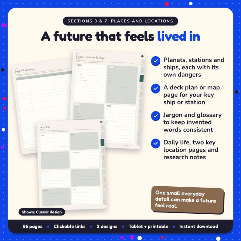 A future that feels lived in: Sci-Fi Writing Planner pages. Planets, stations and ships, each with its own dangers; A deck plan or map page for your key ship or station; Jargon and glossary to keep invented words consistent