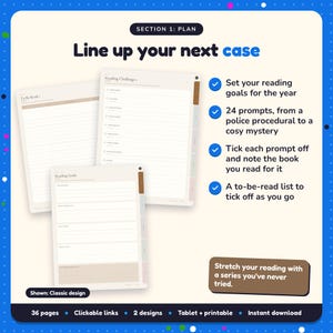 Line up your next case: Crime & Mystery Reading Journal pages. Set your reading goals for the year; 24 prompts, from a police procedural to a cosy mystery; Tick each prompt off and note the book you read for it
