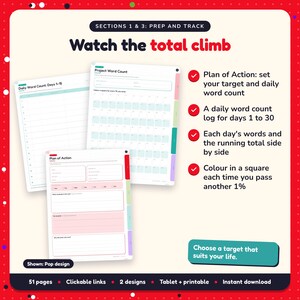 Watch the total climb: 30-Day Novel Challenge pages. Plan of Action: set your target and daily word count; A daily word count log for days 1 to 30; Each day's words and the running total side by side